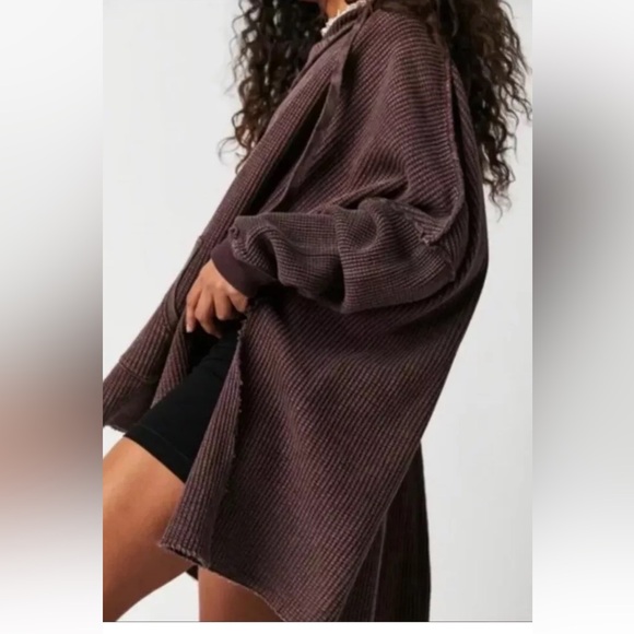 Free People One Gannet Hoodie Waffle Knit Front Pocket Side Slits Brown - Picture 3 of 9